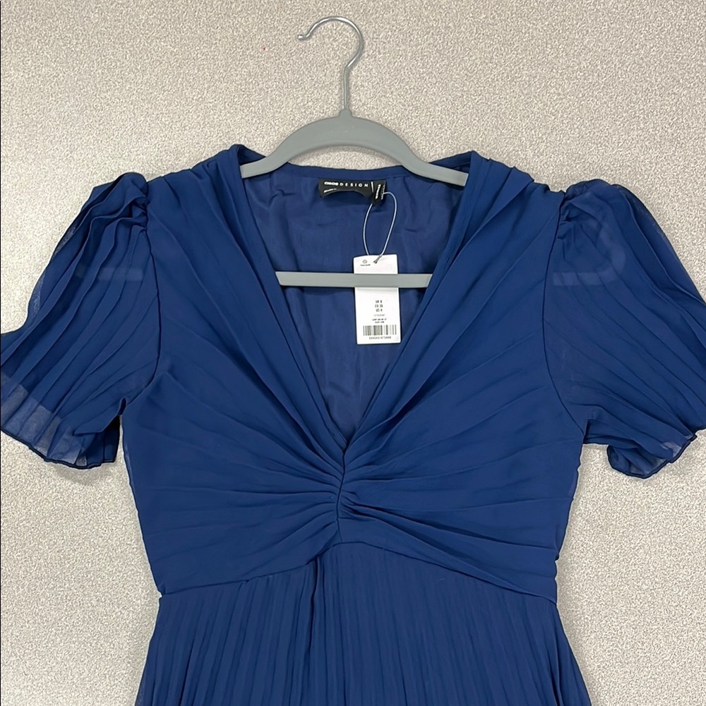 ASOS Blue Ruched Puff Sleeve Midi Dress
